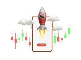 3D flying space rocket with trading graph on mobile phone. Space for business startup and growth statistics trading concept. Vector illustration