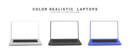 3d realista conjunto laptops en azul, plata, negro colores con sombra. vector ilustración