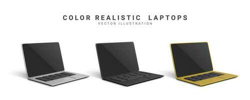 3d realistic set laptops in gold, silver, black colours with shadow. Vector illustration