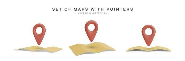 Set of 3d realistic maps with shadow and pointer in different views. Vector illustration