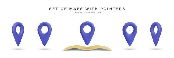 Realistic 3d map with set of blue pointer in different views isolated on white background. Vector illustration