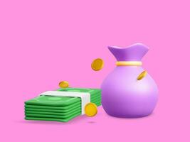 Money bag with falling gold coins and green currency stack in cartoon style. 3d realistic money object for poster or banner. Vector illustration