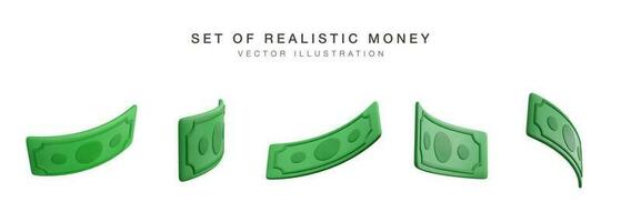 Realistic banknote currency in cartoon style. 3D green paper dollars. Set of twisted money. Vector illustration