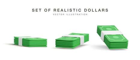 Set of 3D stack of dollar USA. Render green paper pack of money. Paper dollar banknote isolated on white background. Vector illustration