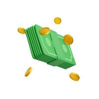 Green currency stack and falling gold coins in cartoon style. 3d realistic money object for poster or banner. Vector illustration