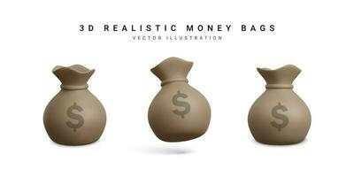 Set of money bags in 3d realistic style. Business and finance. Sack with dollar sign. Vector illustration