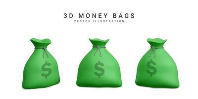 Set of money bags in 3d realistic style. Business and finance. Sack with dollar sign. Vector illustration