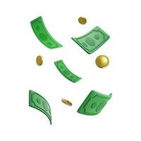 3d realistic green dollar bills and gold coins. Jackpot and casino win design. Falling money business concept for banner. Vector illustration