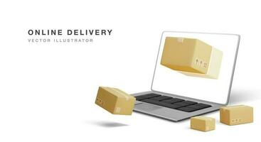 Online delivery banner with 3d realistic laptop and parcels in realistic style. Vector illustration