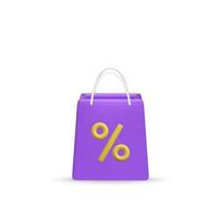 3D cartoon shopping bag with percent sign. Online shopping, sale promotion, discount concept. Vector illustration