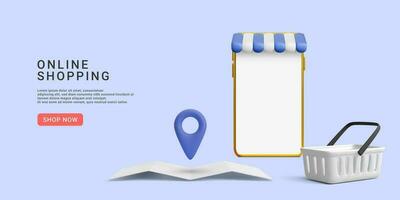 Store banner with phone, product cart and location your store. 3d realistic vector illustration