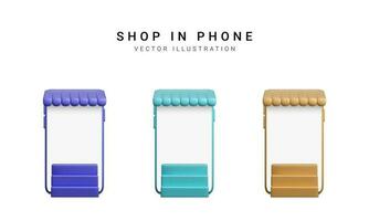 conjunto de color 3d realista Tienda en tu teléfono en blanco antecedentes. vector ilustración