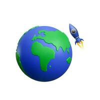 Realistic 3d planet Earth with flying rocket on white background. Vector illustration