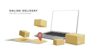 Online delivery banner with 3d realistic laptop, parcels and map with pointer in realistic style. Vector illustration