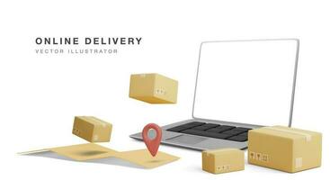 Online delivery banner with 3d realistic laptop, parcels and map with pointer in realistic style. Vector illustration