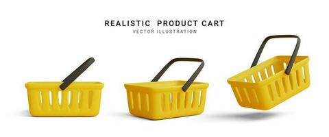 Collection of realistic 3d yellow shopping carts isolated on white background. Empty shopping basket. Vector illustration