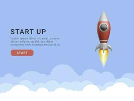 Concept for the start-up page. 3d rocket flying into space. Vector illustration