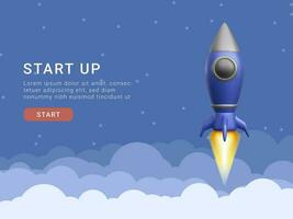Concept for the start-up page. 3d rocket flying into space. Vector illustration