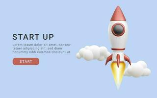 Concept for the start-up page. 3d rocket flying into space. Vector illustrationq