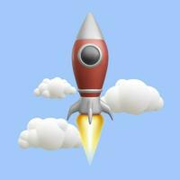 3d realistic red rocket flies through the clouds. Vector illustration