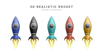 3d colour rocket set. Realistic space ship isolated on a white background. Vector illustration