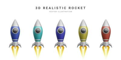 3d colour rocket set. Realistic space ship isolated on a white background. Vector illustration