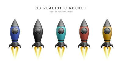 3d colour rocket set. Realistic space ship isolated on a white background. Vector illustration