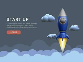 Concept for the start-up page. 3d rocket flying into space. Vector illustration