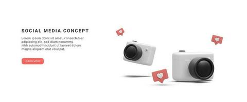 3d realistic social media banner with cameras and social icons isolated on white background. Vector illustration