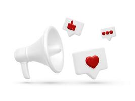 3d realistic megaphone and flying thumb up, heart and chat icons isolated on white background. Social media and digital marketing concept. Vector illustration