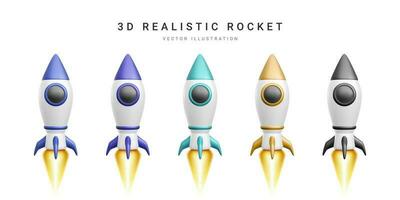 3d colour rocket set. Realistic space ship isolated on a white background. Vector illustration