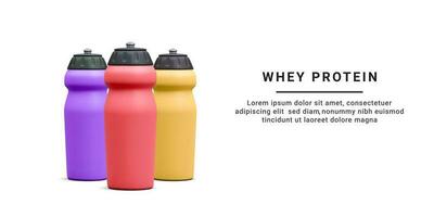 3d realistic colour bottles whith water isolated on white background. Whey protein. Sport nutrition. Vector illustration