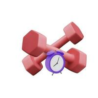 3d realistic dumbbells with alarm clock on isolated white background. Design banner time to change your body. Time to fitness concept. Vector illustration