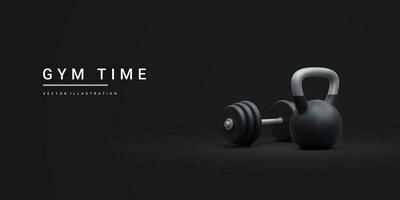 3d realistic banner with dumbbells and kettlebell isolated on black background. Vector illustration