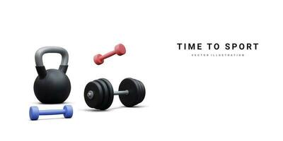 3d realistic banner with kettlebell and dumbbells isolated on white background. Vector illustration