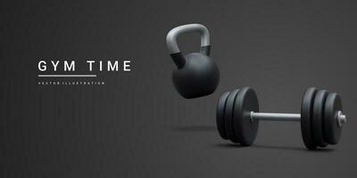 3d realistic banner with dumbbells and kettlebell isolated on black background. Vector illustration