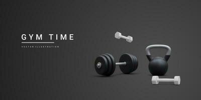 3d realistic banner with dumbbells and kettlebell isolated on black background. Vector illustration