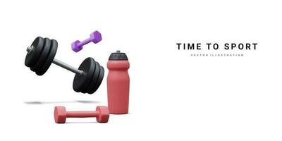 3d realistic banner with dumbbells and bottle isolated on white background. Vector illustration