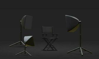 3d realistic interior of modern photo studio with chair and professional lighting equipment. Empty photography studio with spotlights. Vector illustration