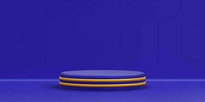 3d realistic blue round podium. Scene and platform with gold circle on light background. Design pedestal for award and winner. Vector illustration