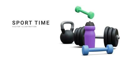 3d realistic banner with kettlebell, dumbbells and bottle isolated on white background. Vector illustration