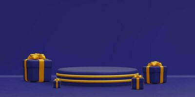 3d realistic blue round podium with gold circle on light background. Scene and platform with gift boxes on light background. Design pedestal for christmas. Vector illustration