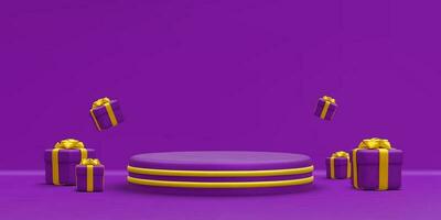 3d realistic purple round podium with gold circle on light background. Scene and platform with gift boxes on light background. Design pedestal for christmas. Vector illustration