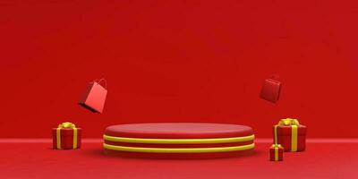 3d realistic red round podium with gold circle on light background. Scene and platform with gift boxes and shoppind bags on light background. Design pedestal for christmas. Vector illustration