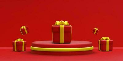 3d realistic red round podium with gold circle on light background. Scene and platform with gift boxes on light background. Design pedestal for christmas. Vector illustration