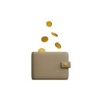 Wallet with flying golden coins in realistic cartoon style. 3D design element for cashback concept. Vector illustration