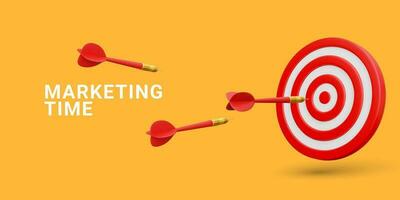 Marketing time concept. Targeting the business. Realistic 3d design red target and dart arrows. Vector illustration