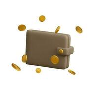 Wallet with flying golden coins in realistic cartoon style. 3D design element for cashback concept. Vector illustration