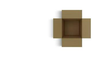 Realistic cardboard brown delivery box with shadow isolated on white background. Top view. Vector illustration