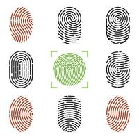 Set of vector illustrations of security fingerprint authentication. Finger identity, technology biometric illustration. Fingerprint template collection